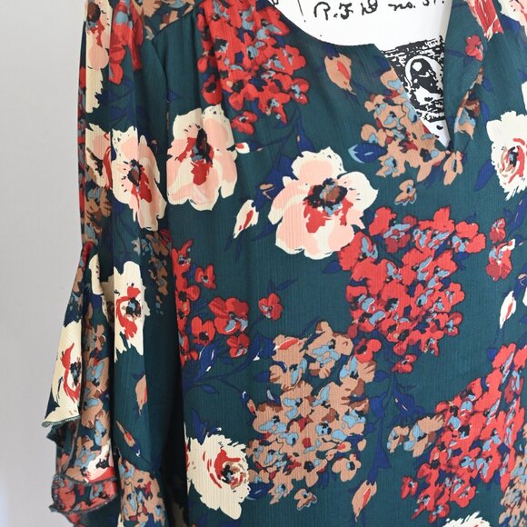 Umgee Women's Mini Dress Tunic Floral Large Open 3/4 Slv Hippie Boho Green - Picture 4 of 7